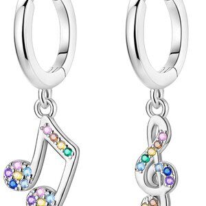Sterling Silver Moon & Star Dangle Hoop Earrings with Cubic Zirconia for Women